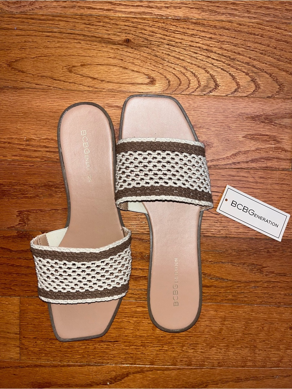 BCBGeneration Cream and Brown Woven Slide Mules NWT — 10